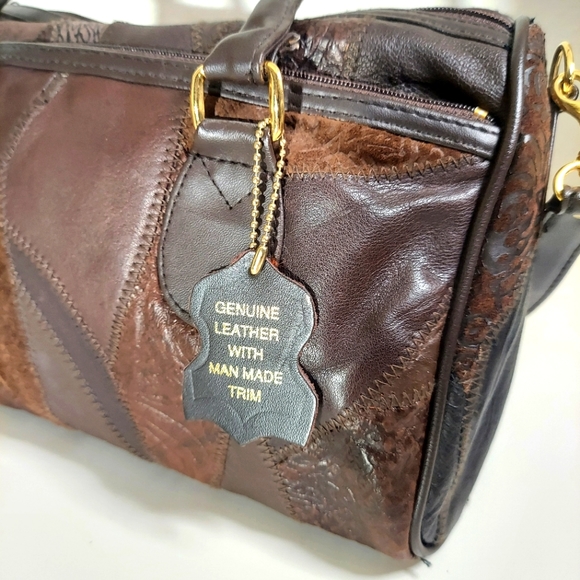 Brown Leather Patchwork Satchel Hand Bag - Picture 7 of 15